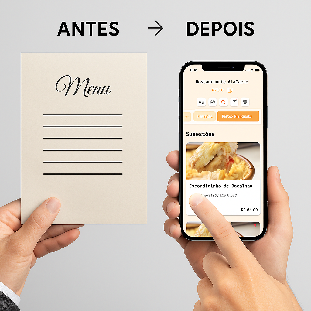 Comparação antes e depois: Cardápio tradicional versus cardápio digital moderno